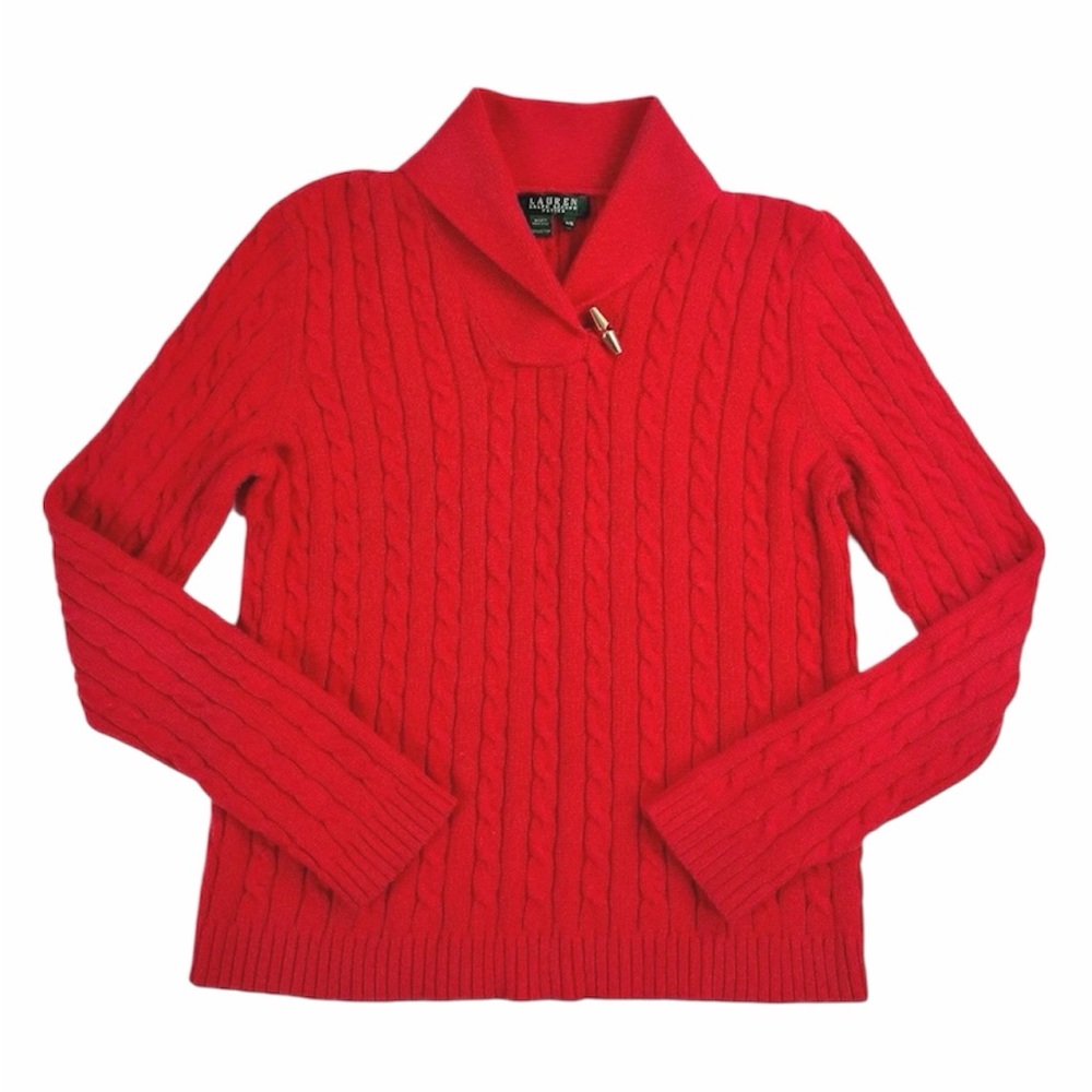 Ralph Lauren Cowl Neck Cotton Red Cable Knit Sweater. Long Sleeve.‎ XL. Vintage.